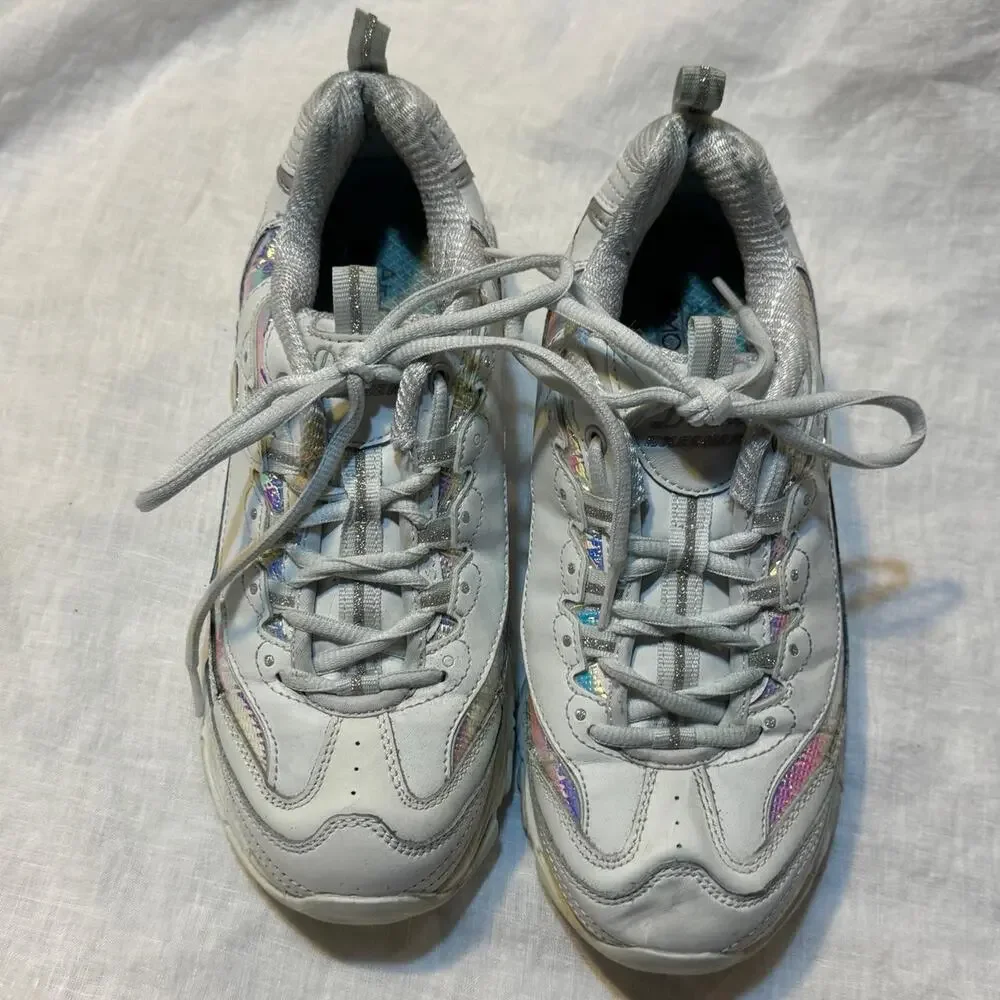 Skechers D'Lites white & silver Leather trainers iridescent, sparkly size 7.5